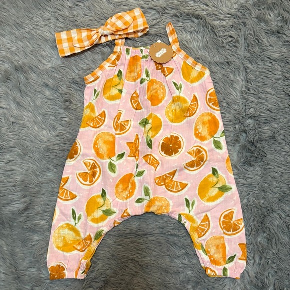 Mud Pie Other - Mudpie Tank Romper & Head Bow Pink Oranges Baby Girl 3-6 Months NEW